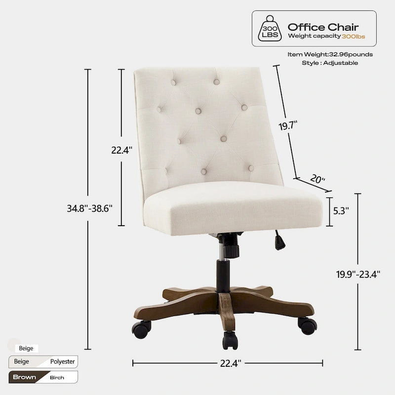Upholstered Swivel Desk Chair, Armless Home Office Chair, Adjustable Height Computer Chair with Wheels for Study 5