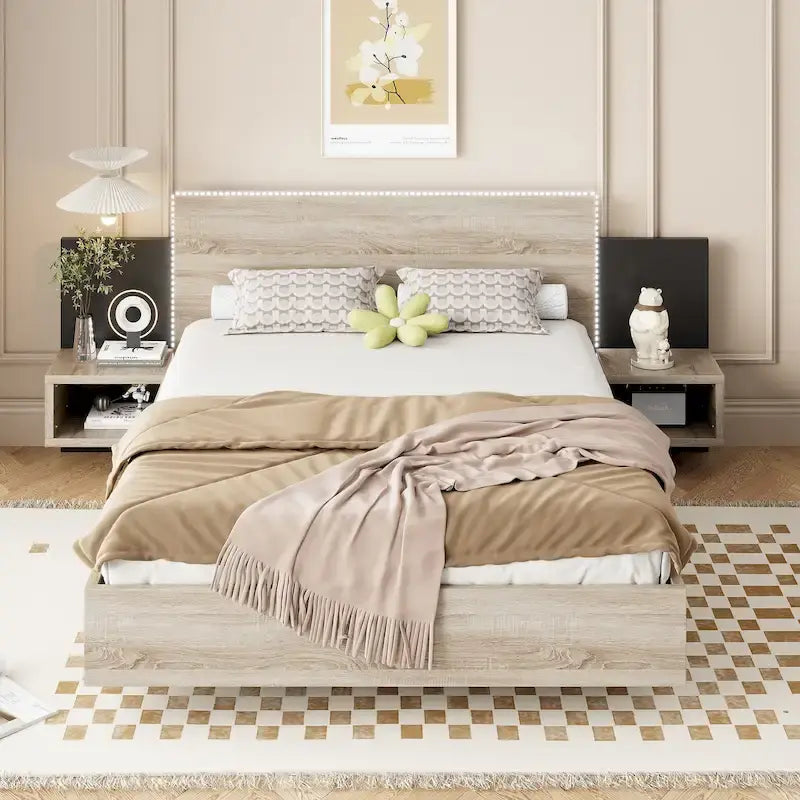 Queen Floating Bed Frame Modern Wooden Platform Bed with 2 Bedside Nightstand and LED Lights, No Box Spring Needed 21