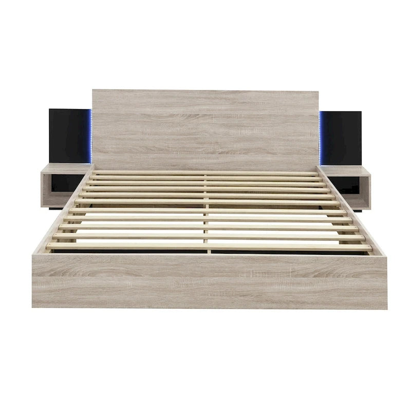 Queen Floating Bed Frame Modern Wooden Platform Bed with 2 Bedside Nightstand and LED Lights, No Box Spring Needed 5