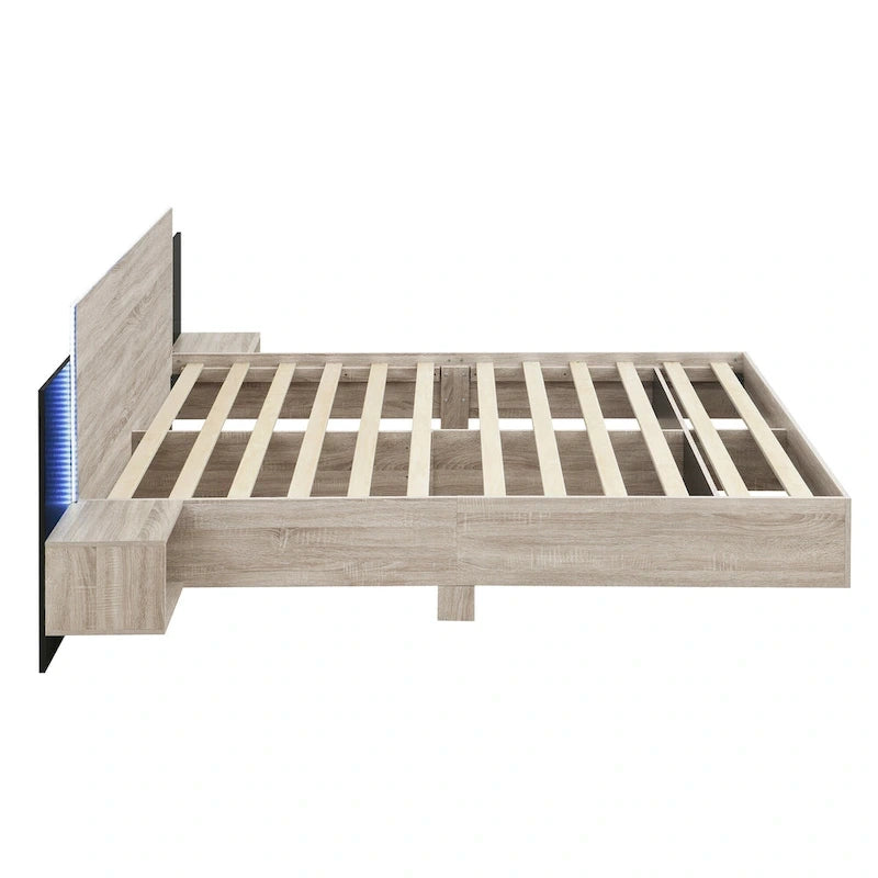 Queen Floating Bed Frame Modern Wooden Platform Bed with 2 Bedside Nightstand and LED Lights, No Box Spring Needed 6