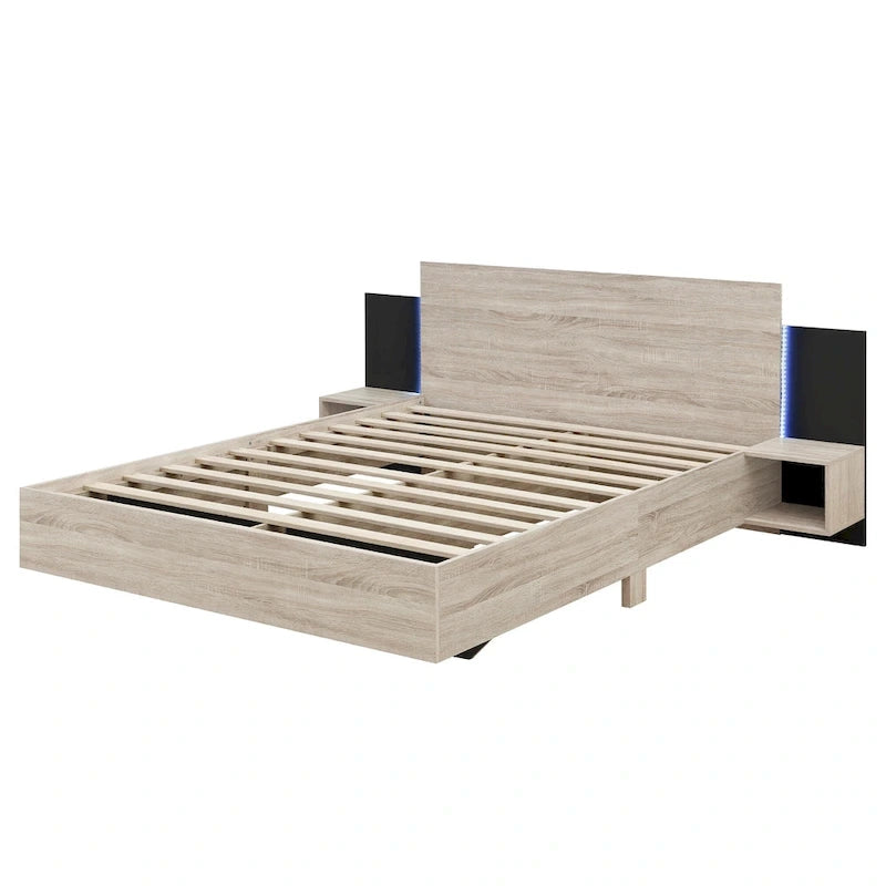 Queen Floating Bed Frame Modern Wooden Platform Bed with 2 Bedside Nightstand and LED Lights, No Box Spring Needed 7