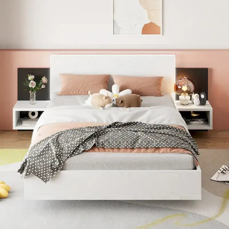 Queen Floating Bed Frame Modern Wooden Platform Bed with 2 Bedside Nightstand and LED Lights, No Box Spring Needed 11