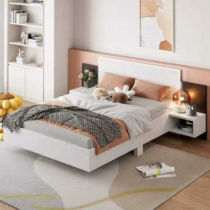 Queen Floating Bed Frame Modern Wooden Platform Bed with 2 Bedside Nightstand and LED Lights, No Box Spring Needed 12