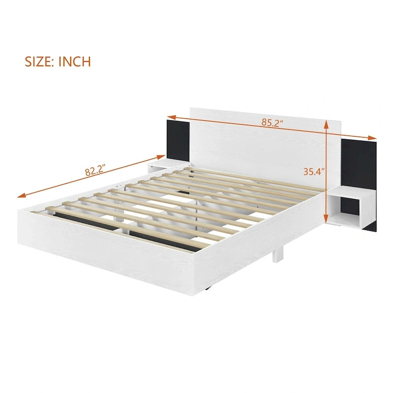 Queen Floating Bed Frame Modern Wooden Platform Bed with 2 Bedside Nightstand and LED Lights, No Box Spring Needed 19