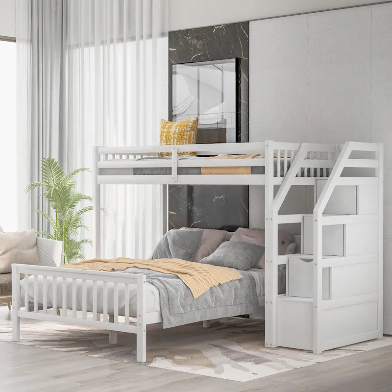 Twin Over Full Wood Loft Bed with Staircase,High Guardrails and Ladder 23