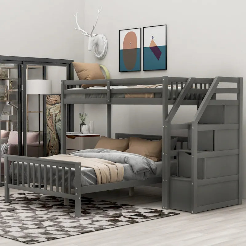 Twin Over Full Wood Loft Bed with Staircase,High Guardrails and Ladder 8