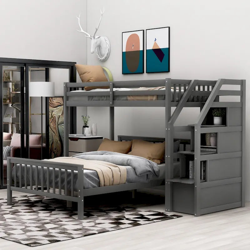 Twin Over Full Wood Loft Bed with Staircase,High Guardrails and Ladder 9