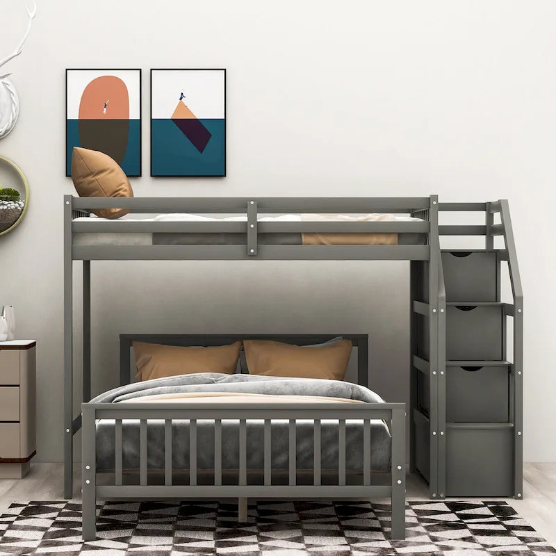 Twin Over Full Wood Loft Bed with Staircase,High Guardrails and Ladder 10