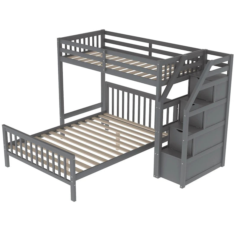 Twin Over Full Wood Loft Bed with Staircase,High Guardrails and Ladder 12