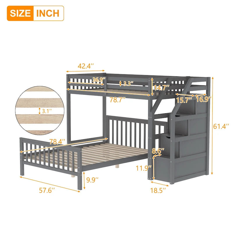 Twin Over Full Wood Loft Bed with Staircase,High Guardrails and Ladder 13