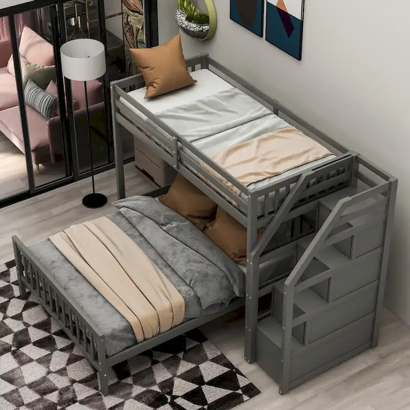 Twin Over Full Wood Loft Bed with Staircase,High Guardrails and Ladder 15