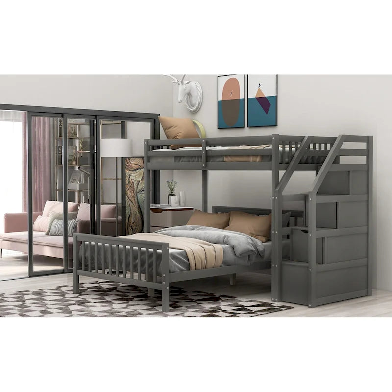 Twin Over Full Wood Loft Bed with Staircase,High Guardrails and Ladder 16
