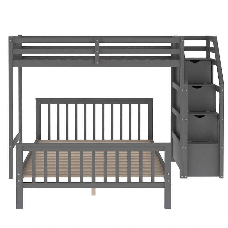 Twin Over Full Wood Loft Bed with Staircase,High Guardrails and Ladder 17