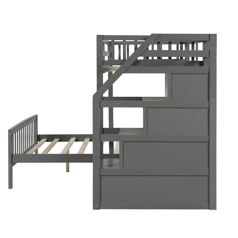 Twin Over Full Wood Loft Bed with Staircase,High Guardrails and Ladder 18