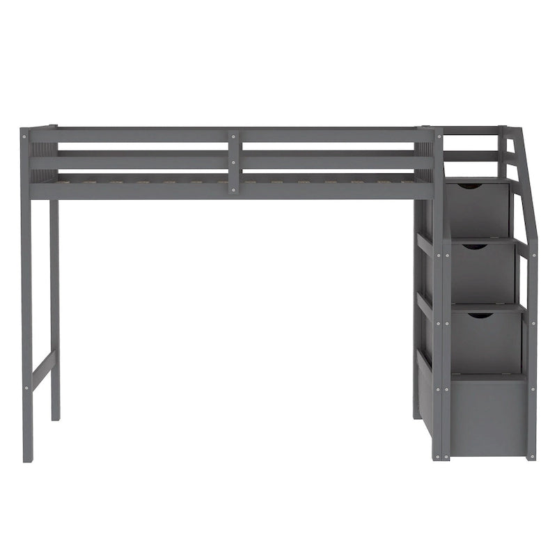 Twin Over Full Wood Loft Bed with Staircase,High Guardrails and Ladder 19