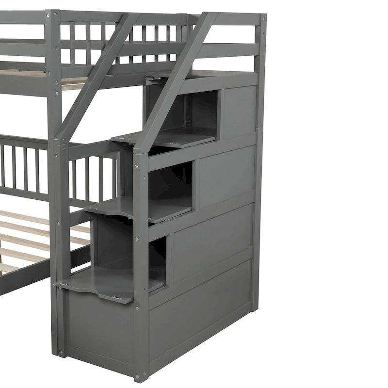 Twin Over Full Wood Loft Bed with Staircase,High Guardrails and Ladder 22
