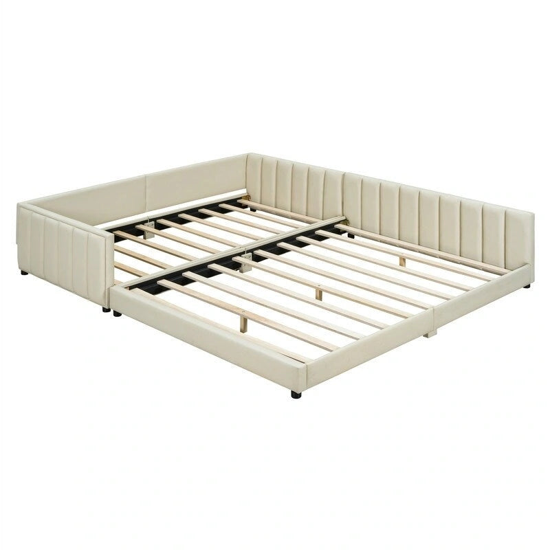 Double Upholstered Platform Bed Queen Size & Twin XL Size, PU Leather Mother & Child Bed Floor Bed Daybed for Bedroom 3
