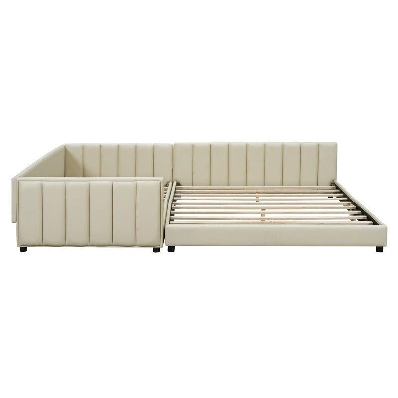 Double Upholstered Platform Bed Queen Size & Twin XL Size, PU Leather Mother & Child Bed Floor Bed Daybed for Bedroom 4