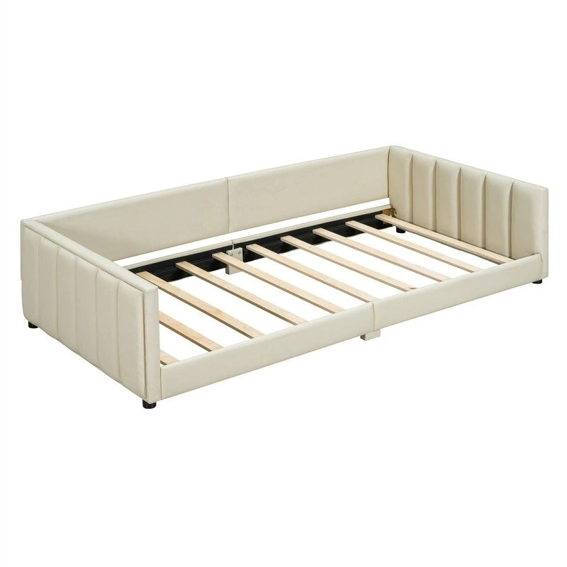 Double Upholstered Platform Bed Queen Size & Twin XL Size, PU Leather Mother & Child Bed Floor Bed Daybed for Bedroom 5