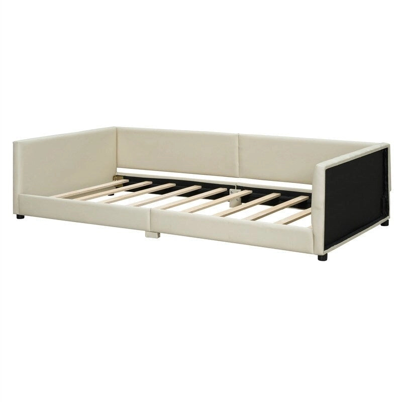 Double Upholstered Platform Bed Queen Size & Twin XL Size, PU Leather Mother & Child Bed Floor Bed Daybed for Bedroom 7
