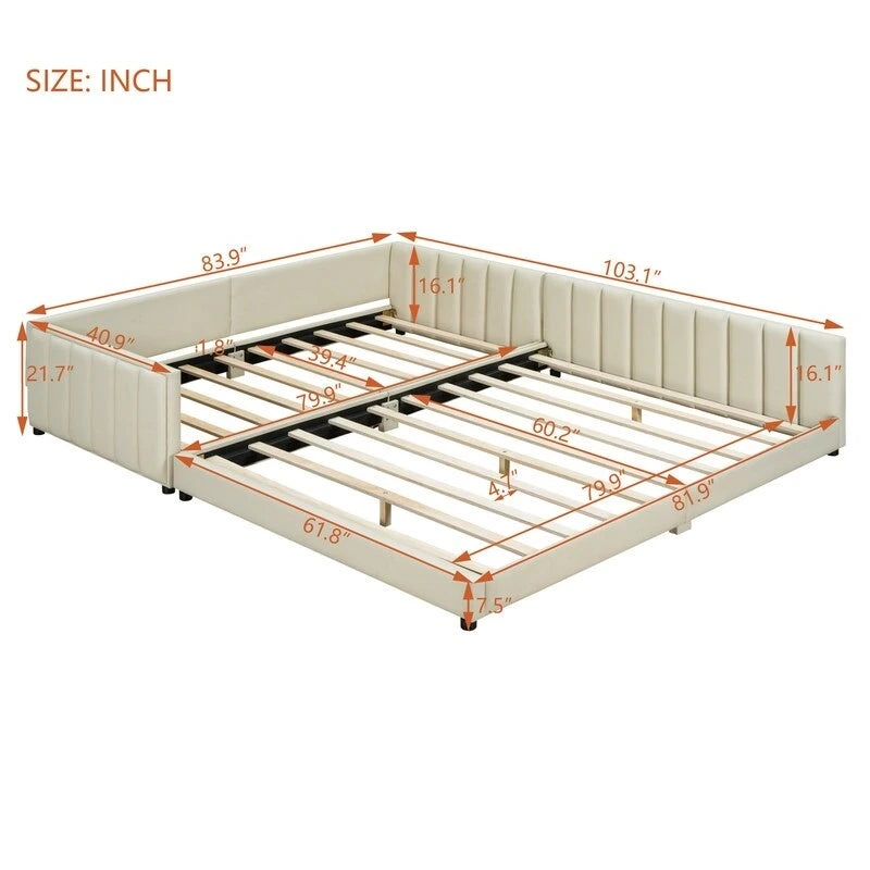 Double Upholstered Platform Bed Queen Size & Twin XL Size, PU Leather Mother & Child Bed Floor Bed Daybed for Bedroom 9