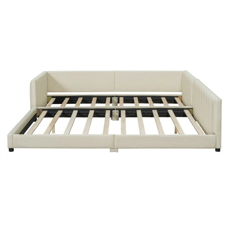 Double Upholstered Platform Bed Queen Size & Twin XL Size, PU Leather Mother & Child Bed Floor Bed Daybed for Bedroom 10
