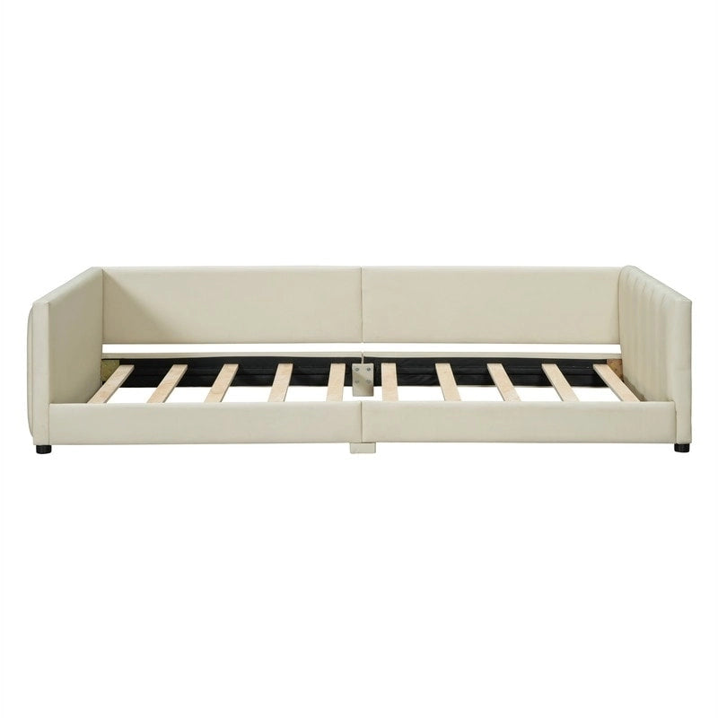Double Upholstered Platform Bed Queen Size & Twin XL Size, PU Leather Mother & Child Bed Floor Bed Daybed for Bedroom 11