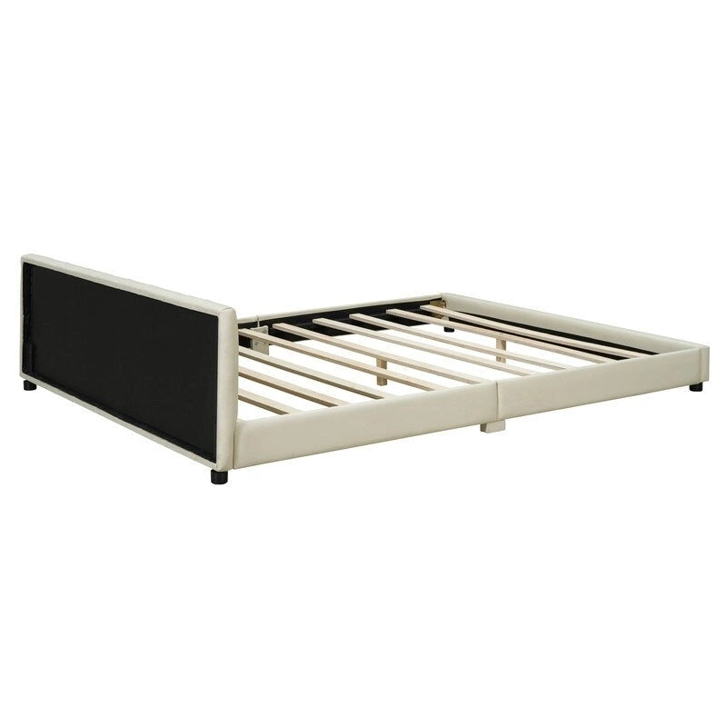 Double Upholstered Platform Bed Queen Size & Twin XL Size, PU Leather Mother & Child Bed Floor Bed Daybed for Bedroom 12
