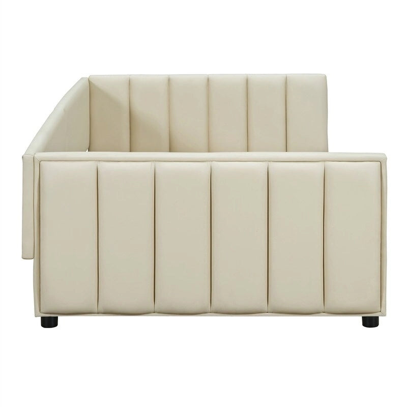 Double Upholstered Platform Bed Queen Size & Twin XL Size, PU Leather Mother & Child Bed Floor Bed Daybed for Bedroom 13