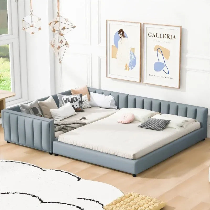 Double Upholstered Platform Bed Queen Size & Twin XL Size, PU Leather Mother & Child Bed Floor Bed Daybed for Bedroom 19