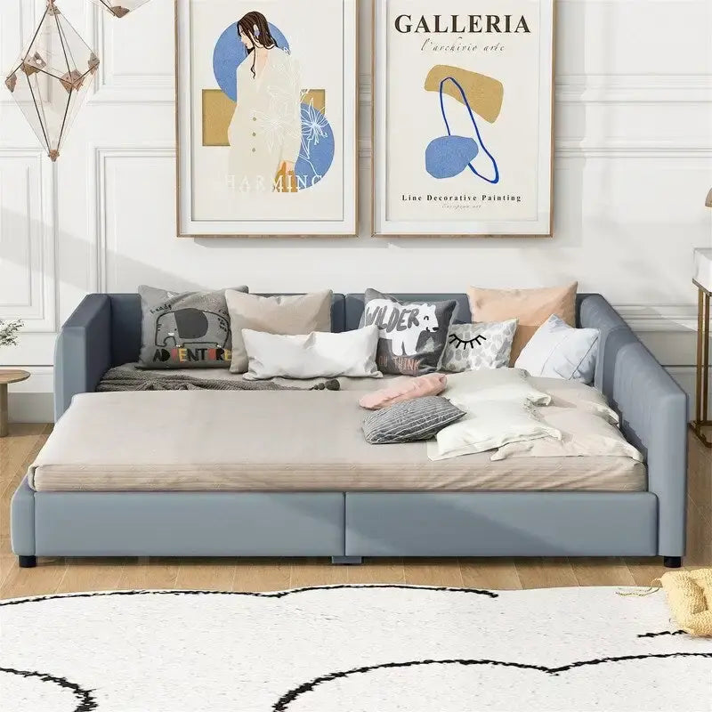Double Upholstered Platform Bed Queen Size & Twin XL Size, PU Leather Mother & Child Bed Floor Bed Daybed for Bedroom 20