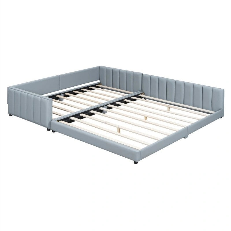 Double Upholstered Platform Bed Queen Size & Twin XL Size, PU Leather Mother & Child Bed Floor Bed Daybed for Bedroom 21