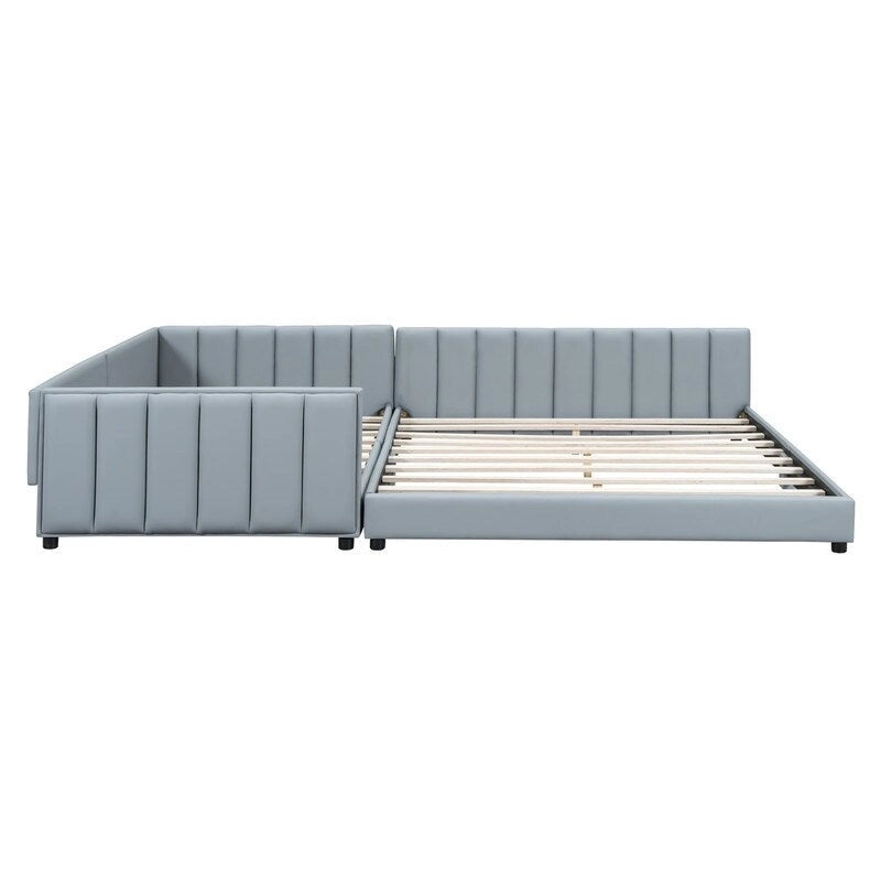 Double Upholstered Platform Bed Queen Size & Twin XL Size, PU Leather Mother & Child Bed Floor Bed Daybed for Bedroom 22