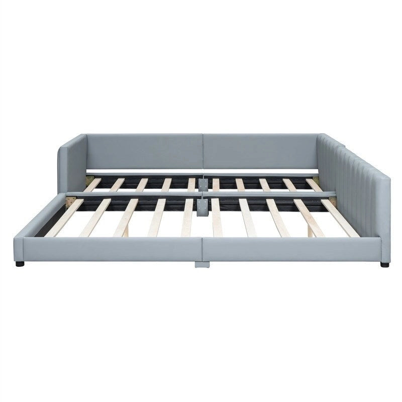 Double Upholstered Platform Bed Queen Size & Twin XL Size, PU Leather Mother & Child Bed Floor Bed Daybed for Bedroom 25
