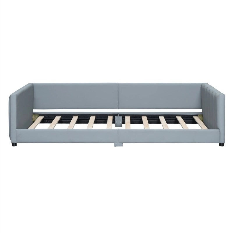 Double Upholstered Platform Bed Queen Size & Twin XL Size, PU Leather Mother & Child Bed Floor Bed Daybed for Bedroom 29