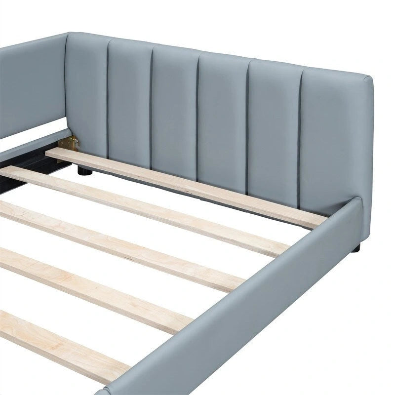 Double Upholstered Platform Bed Queen Size & Twin XL Size, PU Leather Mother & Child Bed Floor Bed Daybed for Bedroom 34
