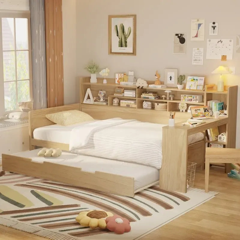 Twin/Full Size Multifunctional Daybed with Storage Shelves and Desk, Wooden Platform Bed Frame with Twin Size Trundle 41