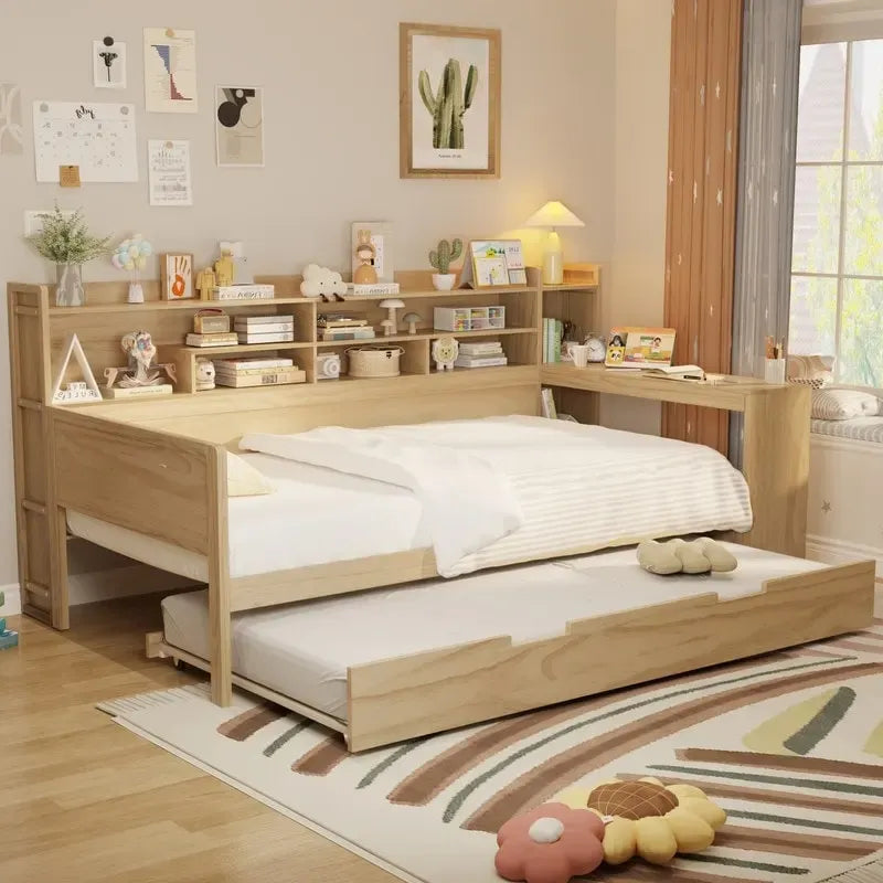 Twin/Full Size Multifunctional Daybed with Storage Shelves and Desk, Wooden Platform Bed Frame with Twin Size Trundle 3