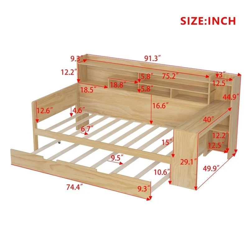 Twin/Full Size Multifunctional Daybed with Storage Shelves and Desk, Wooden Platform Bed Frame with Twin Size Trundle 4