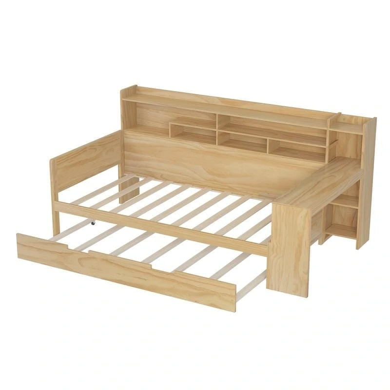 Twin/Full Size Multifunctional Daybed with Storage Shelves and Desk, Wooden Platform Bed Frame with Twin Size Trundle 5
