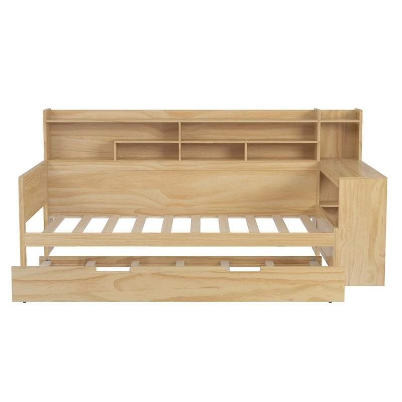 Twin/Full Size Multifunctional Daybed with Storage Shelves and Desk, Wooden Platform Bed Frame with Twin Size Trundle 6