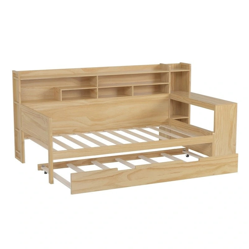 Twin/Full Size Multifunctional Daybed with Storage Shelves and Desk, Wooden Platform Bed Frame with Twin Size Trundle 7