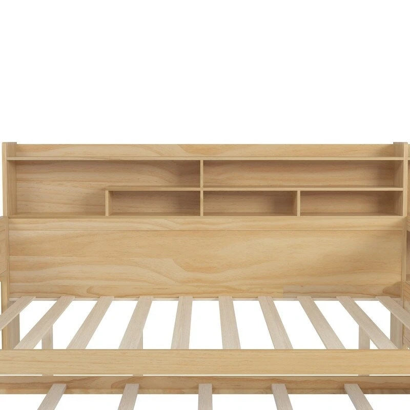 Twin/Full Size Multifunctional Daybed with Storage Shelves and Desk, Wooden Platform Bed Frame with Twin Size Trundle 9