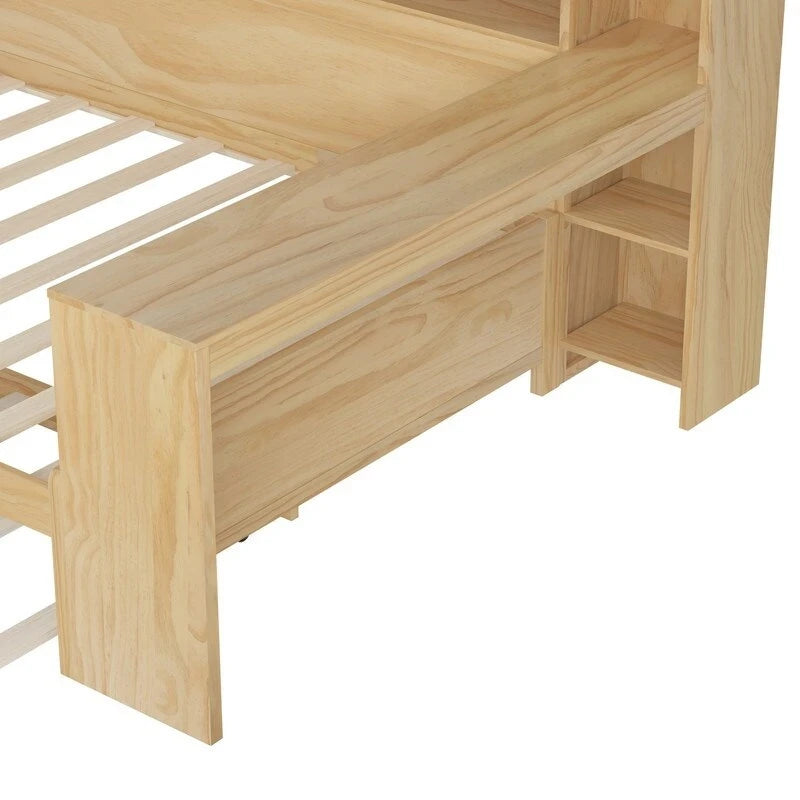 Twin/Full Size Multifunctional Daybed with Storage Shelves and Desk, Wooden Platform Bed Frame with Twin Size Trundle 11