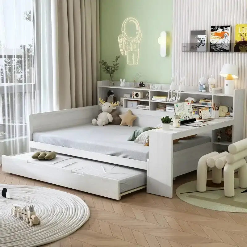 Twin/Full Size Multifunctional Daybed with Storage Shelves and Desk, Wooden Platform Bed Frame with Twin Size Trundle 12
