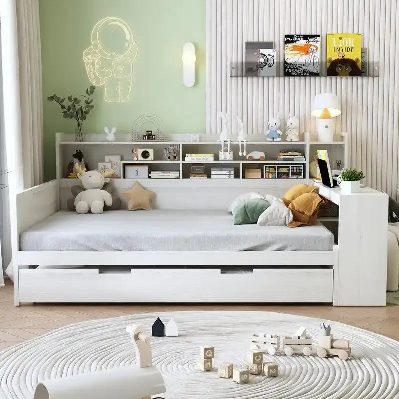 Twin/Full Size Multifunctional Daybed with Storage Shelves and Desk, Wooden Platform Bed Frame with Twin Size Trundle 13