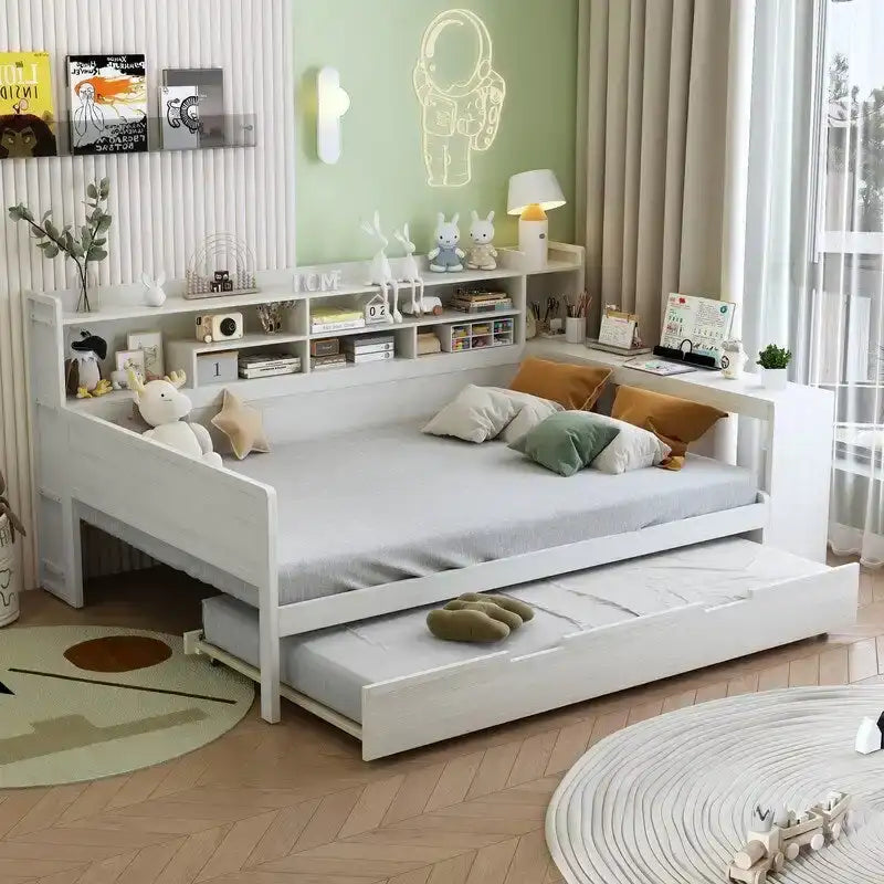 Twin/Full Size Multifunctional Daybed with Storage Shelves and Desk, Wooden Platform Bed Frame with Twin Size Trundle 14