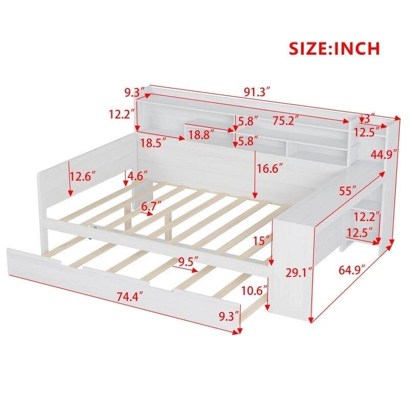 Twin/Full Size Multifunctional Daybed with Storage Shelves and Desk, Wooden Platform Bed Frame with Twin Size Trundle 15