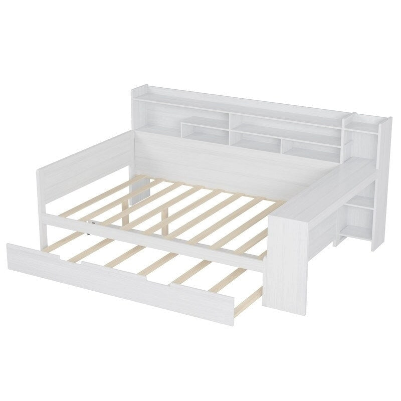 Twin/Full Size Multifunctional Daybed with Storage Shelves and Desk, Wooden Platform Bed Frame with Twin Size Trundle 16