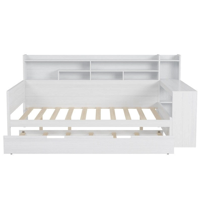 Twin/Full Size Multifunctional Daybed with Storage Shelves and Desk, Wooden Platform Bed Frame with Twin Size Trundle 17